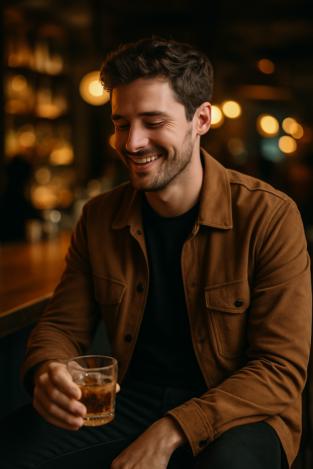 A man in a brown jacket holding a drink, smiling in a cozy bar setting.