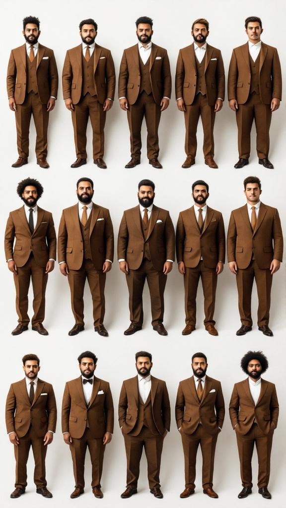 A group of men wearing stylish brown suits, showcasing different styles and fits.