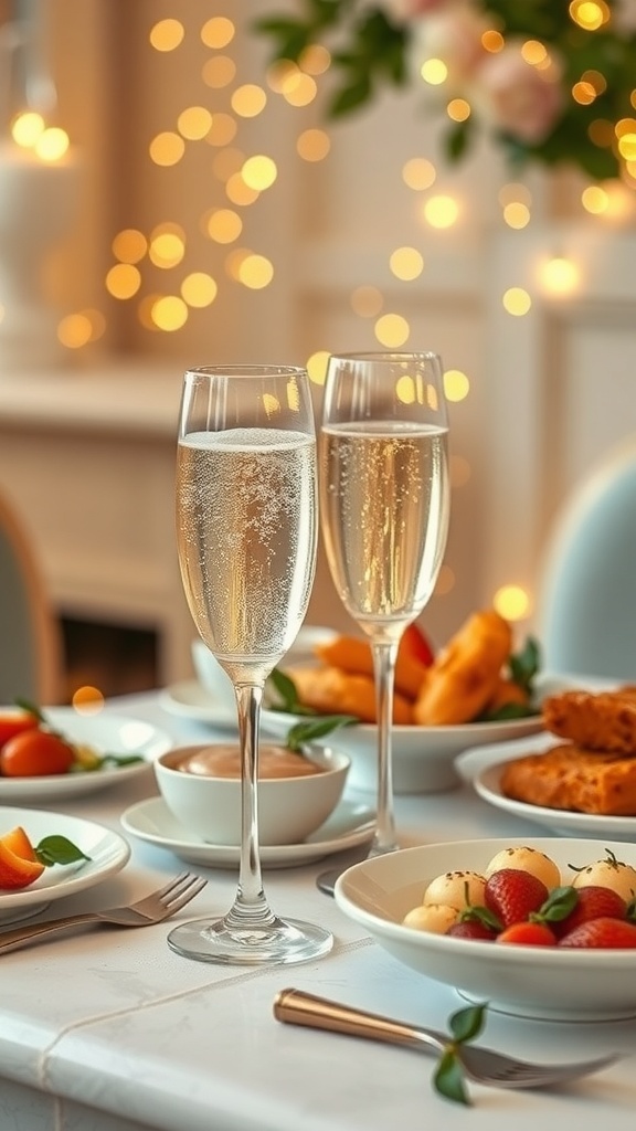 Elegant brunch setting featuring sparkling champagne flutes and delicious food options.