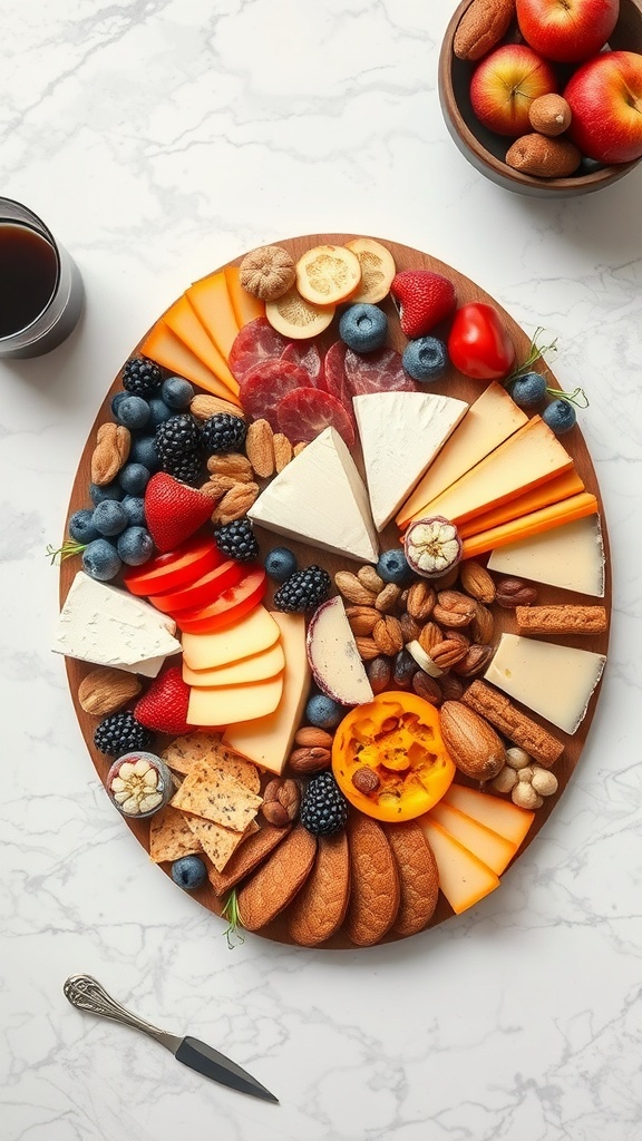 A beautifully arranged brunch board with charcuterie featuring different cheeses, fruits, nuts, and crackers.