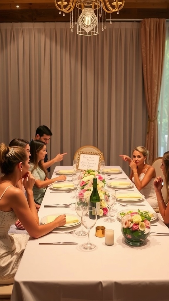 A group of friends sitting at a beautifully set table, preparing for a brunch bridal shower.