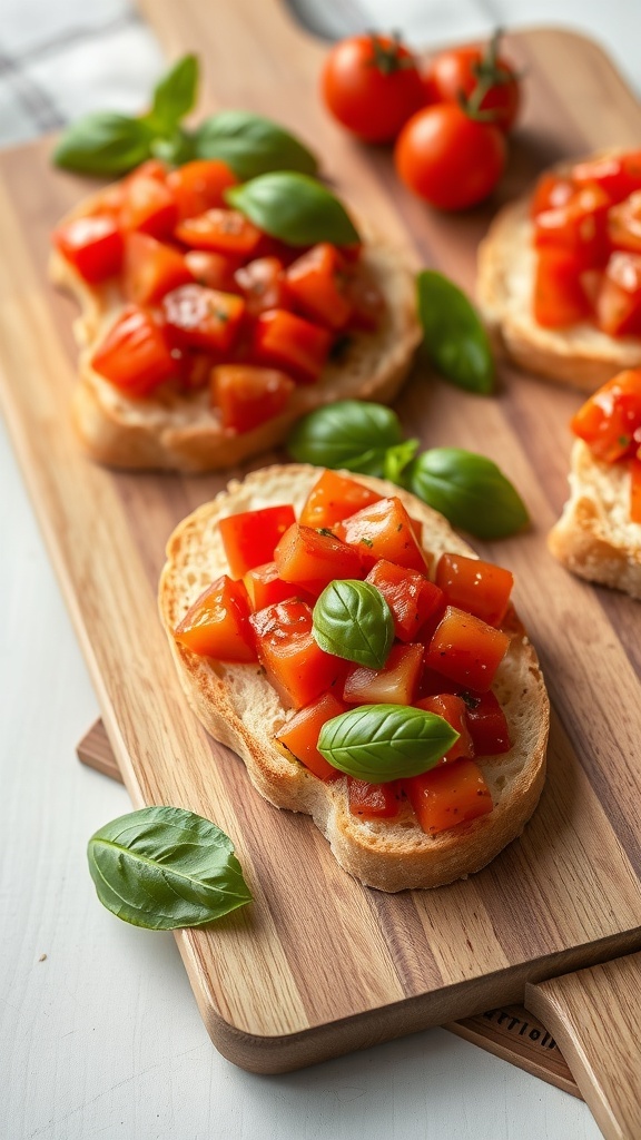 Bruschetta topped with diced tomatoes and basil on a wooden board