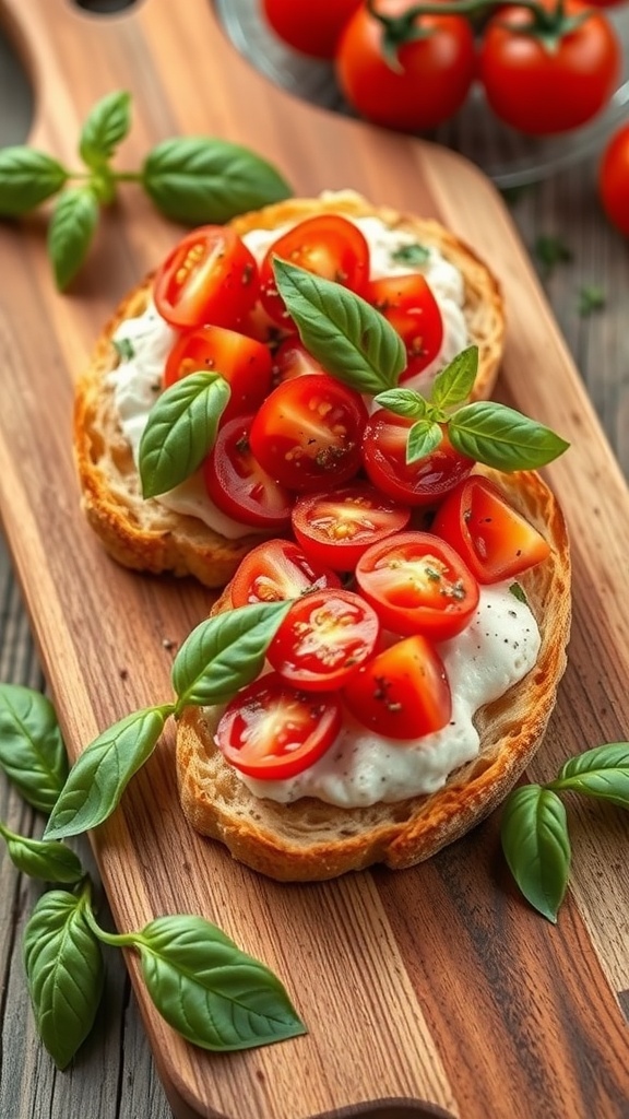 Bruschetta with fresh tomatoes and basil on a wooden board.