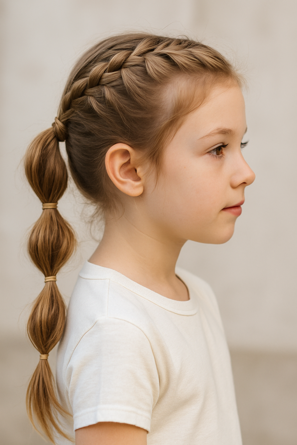 A girl with a braided bubble ponytail hairstyle, showcasing a fun and stylish look for kids.