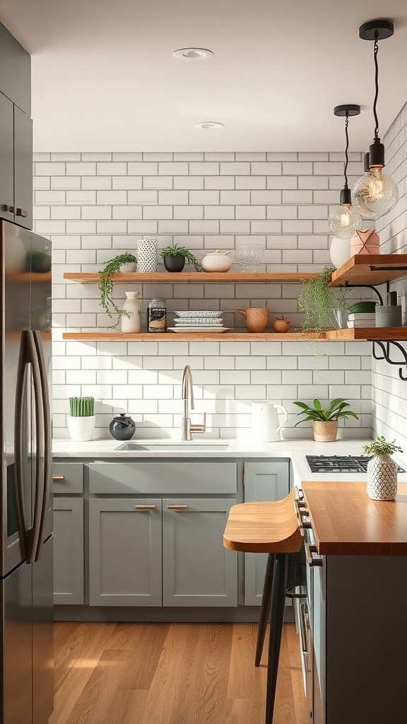 A small kitchen featuring a white subway tile backsplash, wooden shelves with plants, and modern appliances.