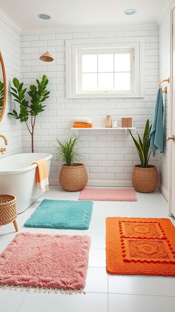 Colorful bath mats in a bright modern bathroom setting