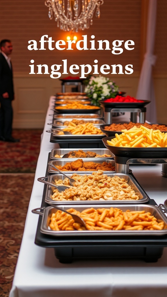 A buffet layout featuring a variety of dishes and a decorative chandelier