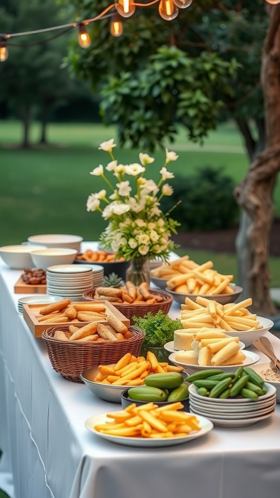 A table setup with a variety of budget-friendly catering options for a backyard wedding.