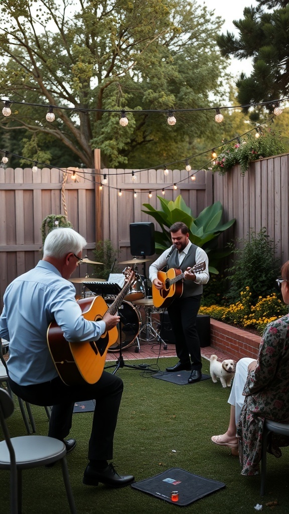 A small backyard wedding scene with two musicians playing guitars and guests enjoying the performance.