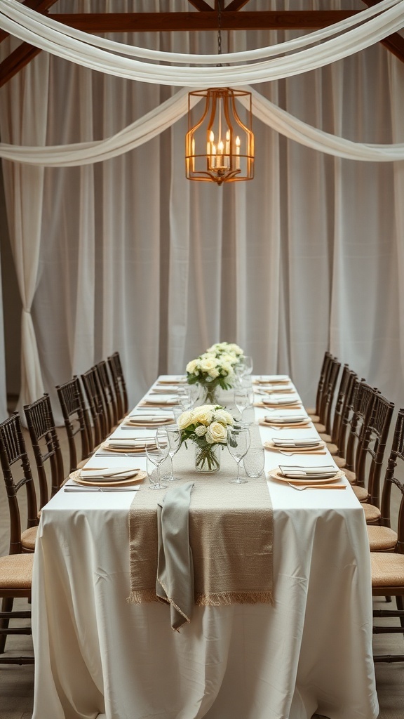 A long wedding table set with a beige fabric runner and floral centerpieces
