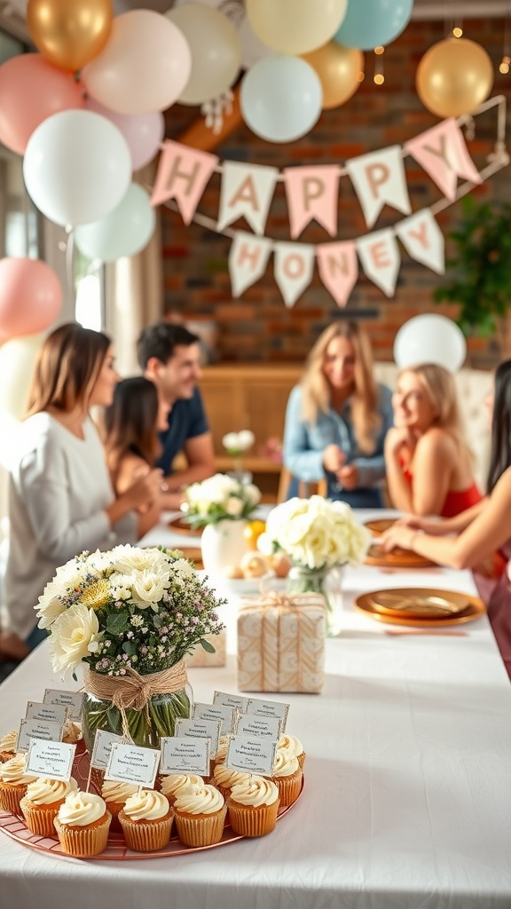 A beautifully decorated table for a baby shower featuring cupcakes, flowers, and a cheerful banner.