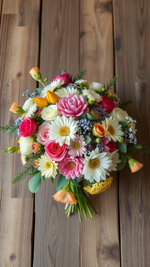 A colorful bouquet featuring roses, daisies, and various seasonal flowers arranged charmingly on a wooden surface.