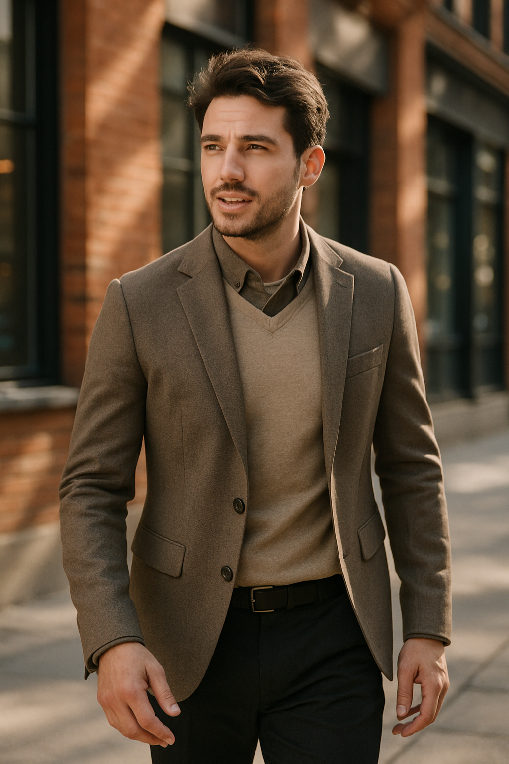 A man in a stylish formal suit walking confidently on the street.