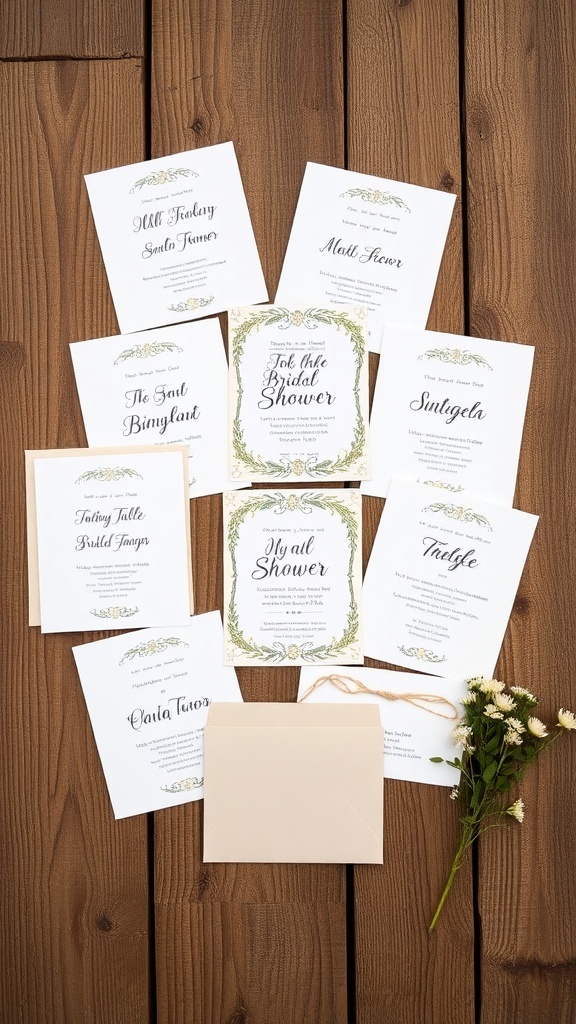 Set of elegant bridal shower invitations on a wooden surface, featuring floral designs and a central invitation that reads 'Join Us for the Bridal Shower'.