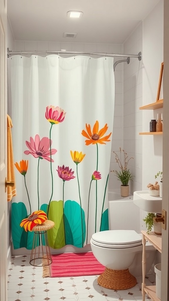 A bright floral shower curtain in a modern bathroom setting.