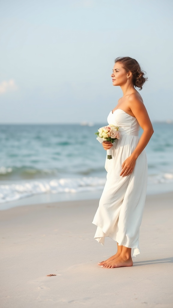 A beautiful bride in a flowing dress stands barefoot on the beach holding a bouquet.