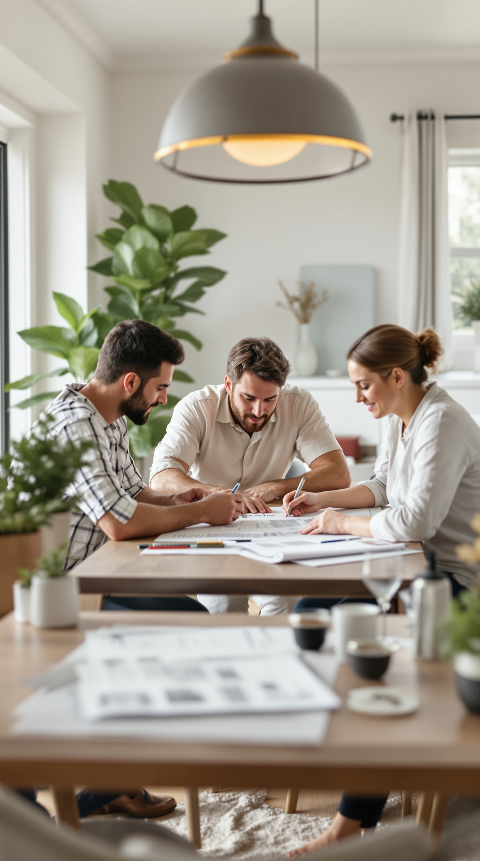 A group of three people discussing plans for a family compound project at a table.
