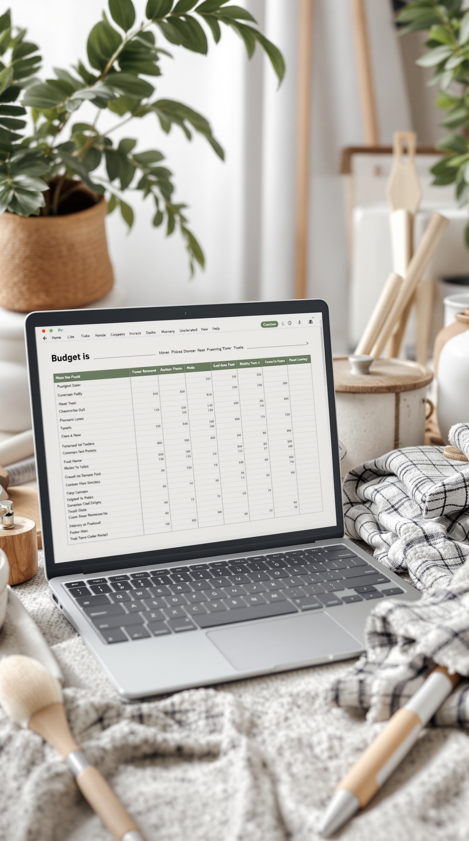 A laptop displaying a budget spreadsheet for a garage conversion project, surrounded by home decor items.