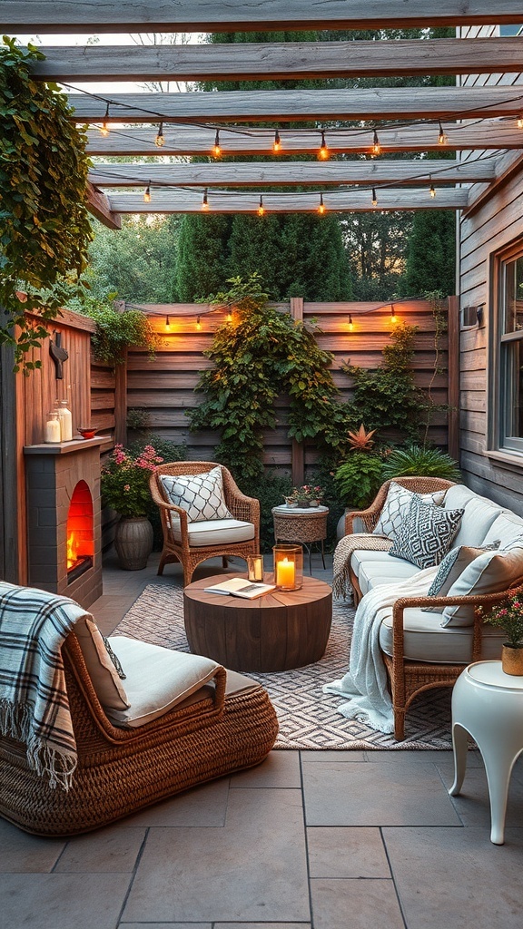 Cozy outdoor retreat with comfortable seating, warm lights, and greenery.