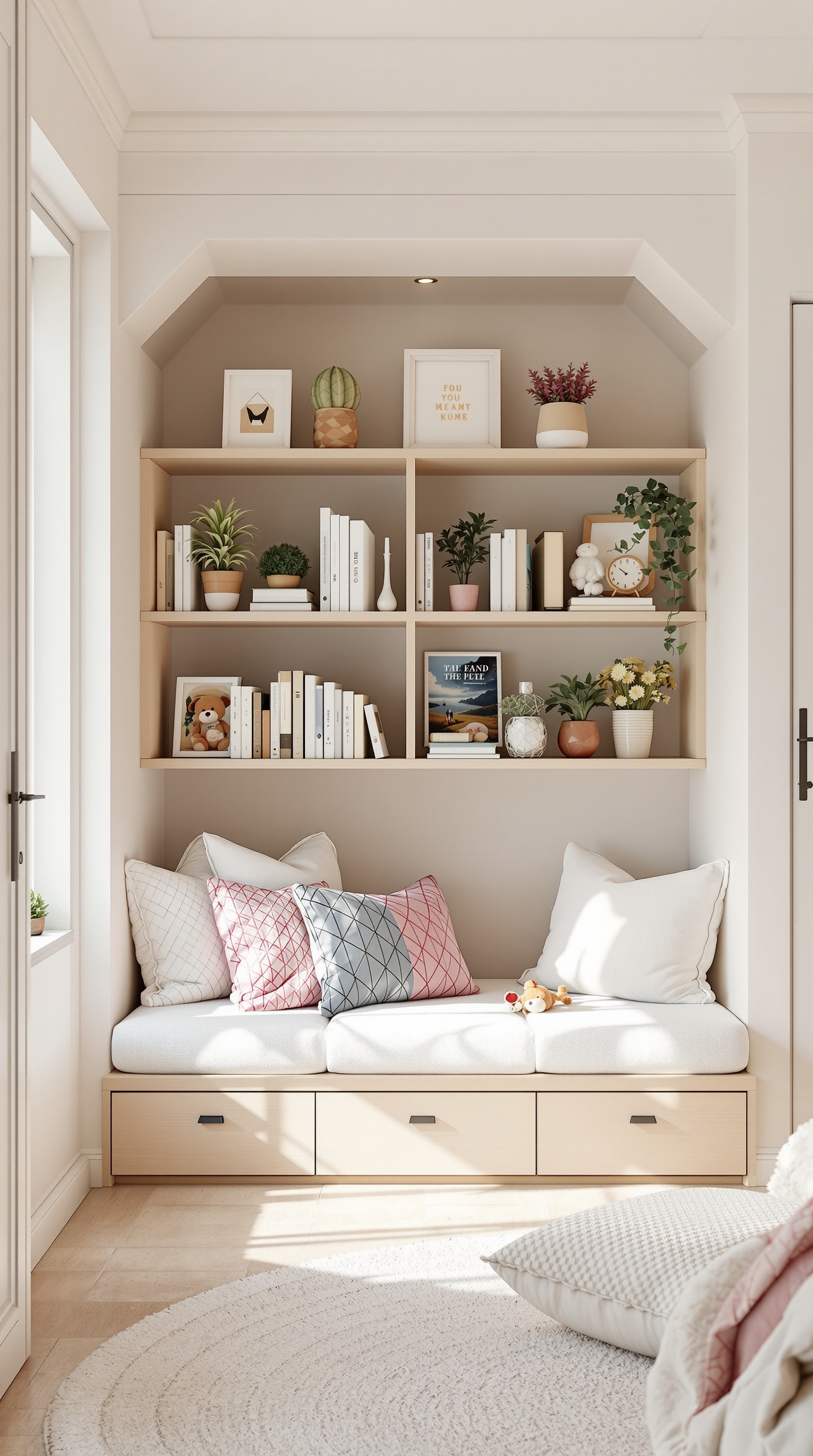 Cozy reading nook with built-in bench, cushions, and shelves filled with books and decor.