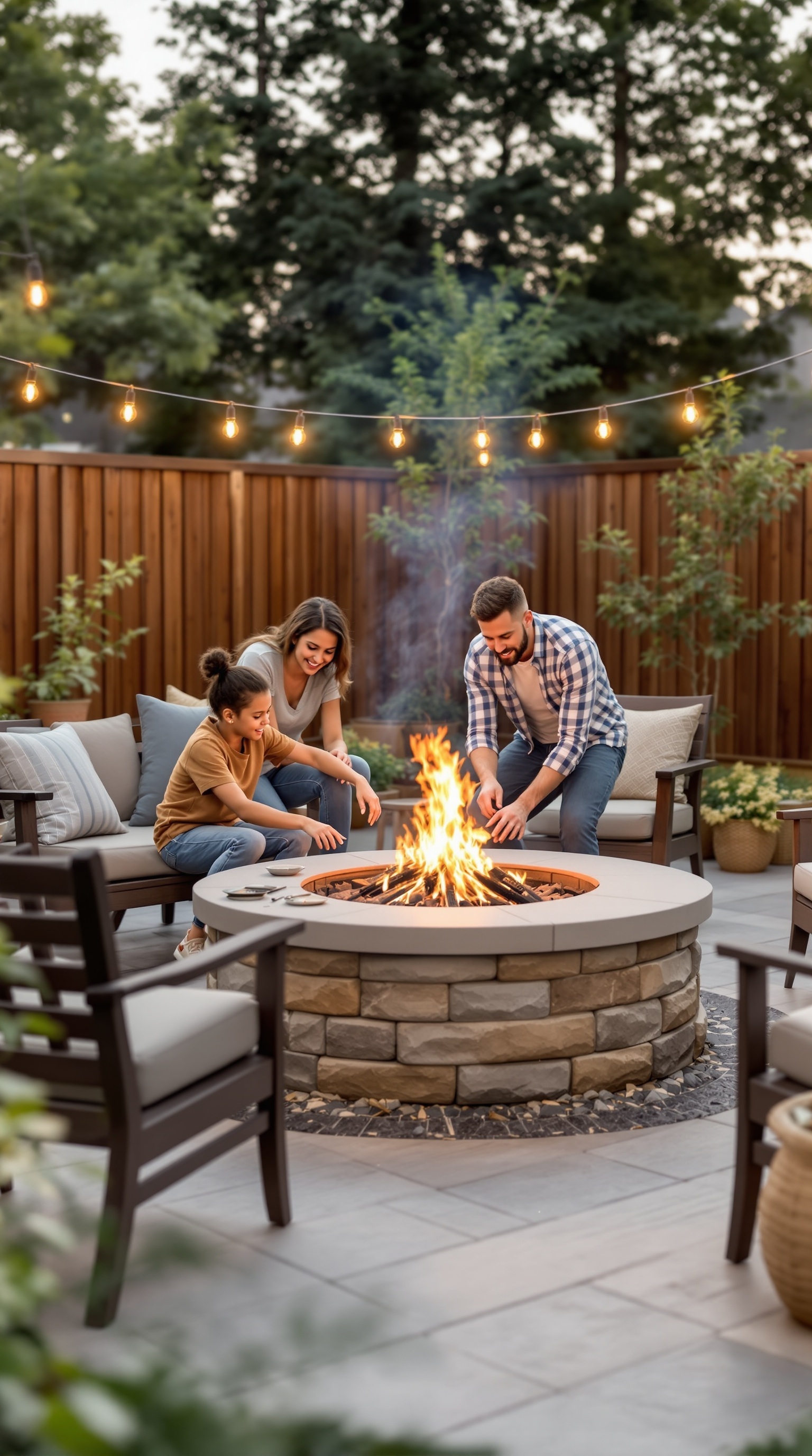 A family gathered around a DIY fire pit in a backyard, enjoying the warmth of the fire.