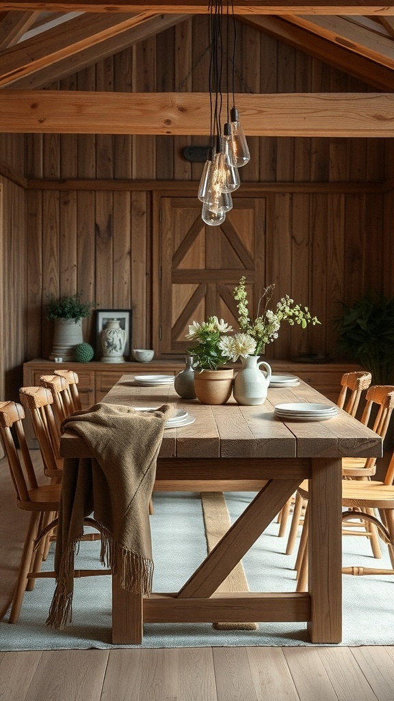 A rustic dining table made of wood with a cozy setting, featuring chairs, a table runner, and decorative elements.