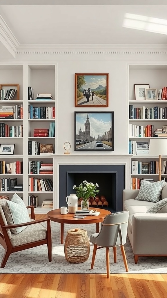 A cozy home library with bookshelves, comfortable seating, and decorative artwork.