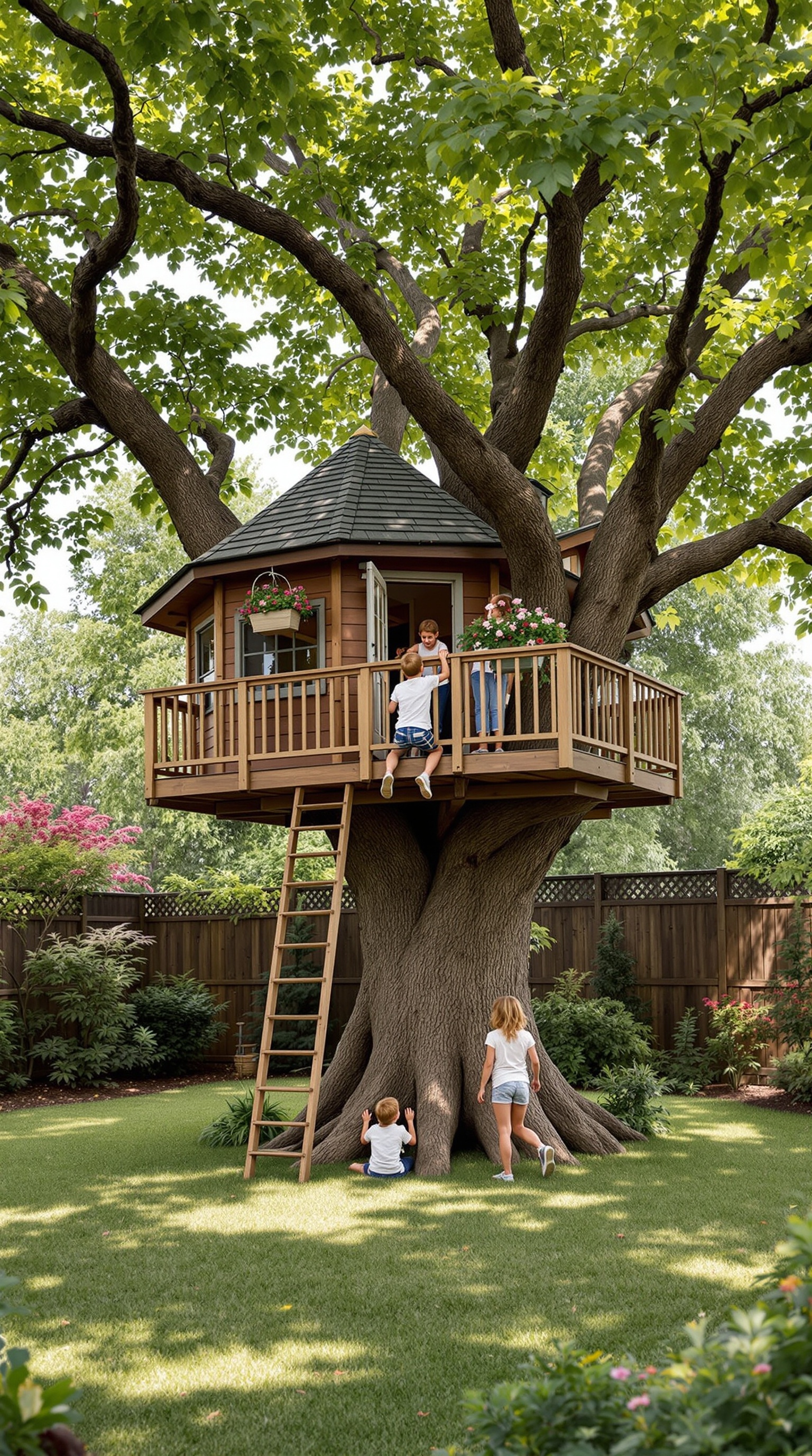 A family enjoying a treehouse in their backyard, with children playing and climbing.