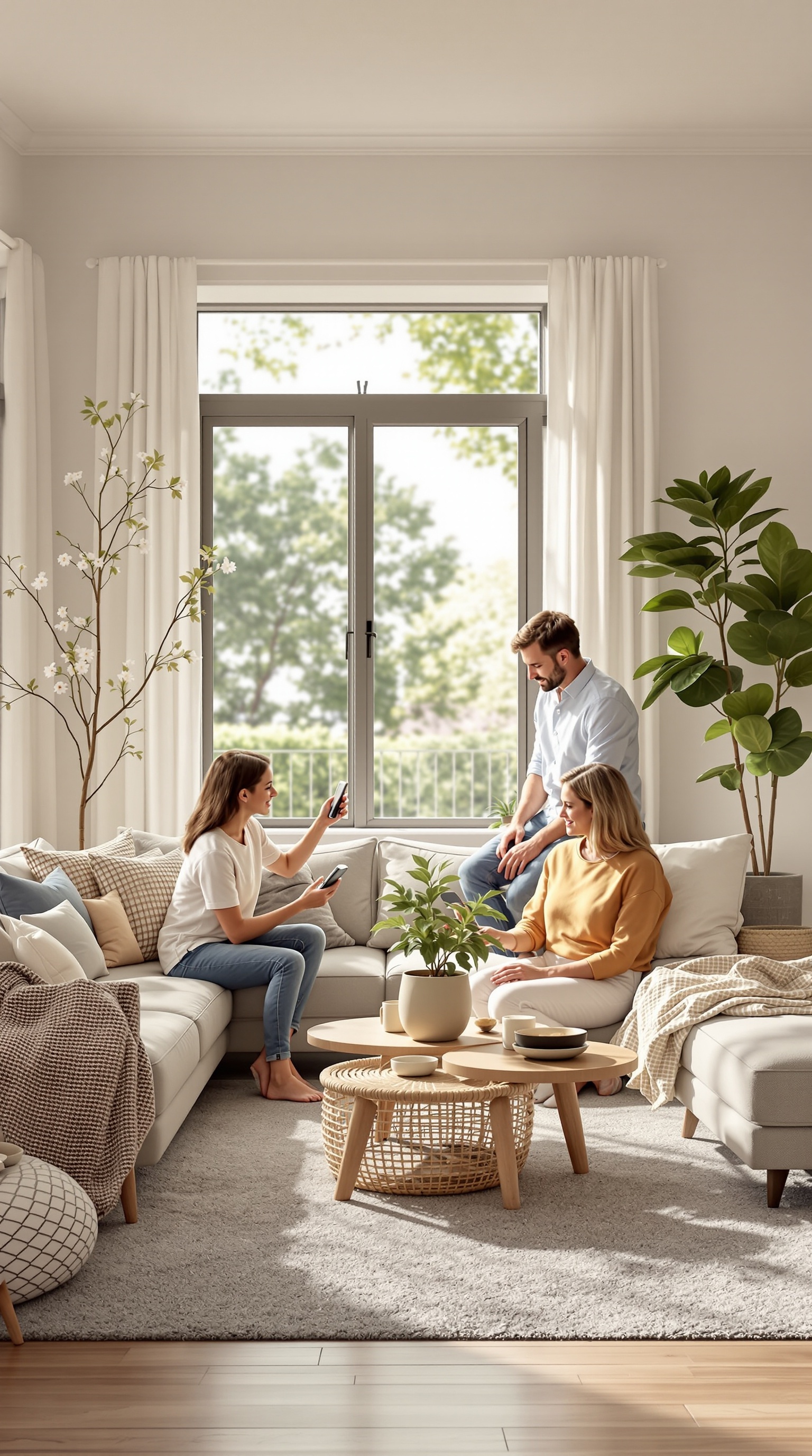 A cozy living room with three people chatting, surrounded by plants and soft furnishings.