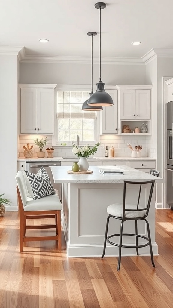 A small kitchen island with built-in breakfast nook seating, featuring a mix of wooden and metal chairs, bright lighting, and a cozy atmosphere.