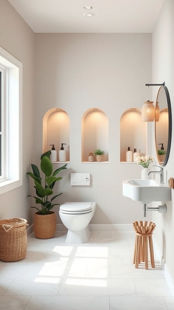 A modern bathroom with built-in storage nooks and greenery.