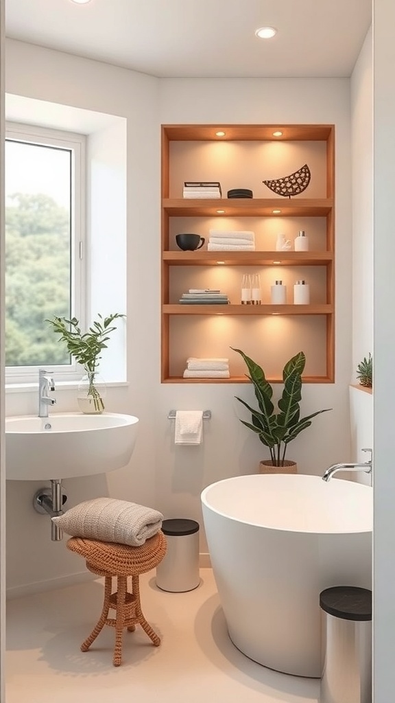Bright bathroom with built-in shelves displaying towels and decor