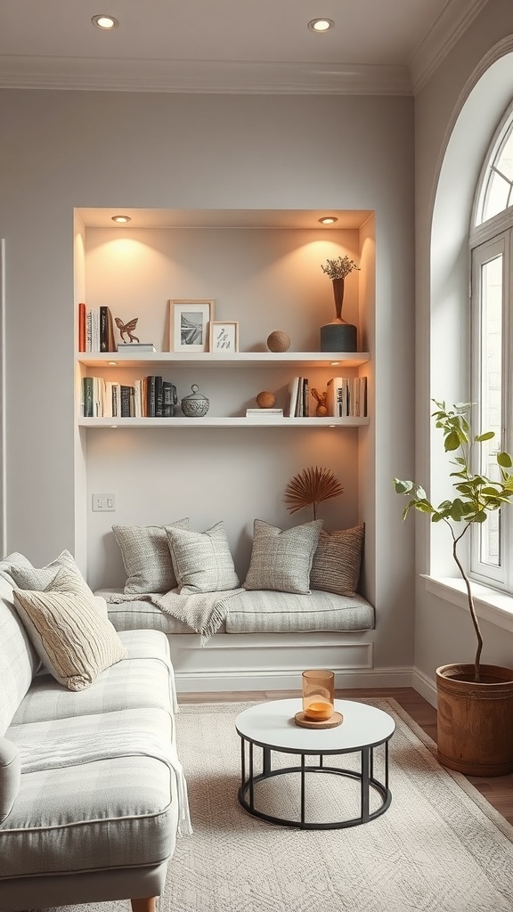 Cozy living room with built-in shelves, comfortable seating, and warm lighting.