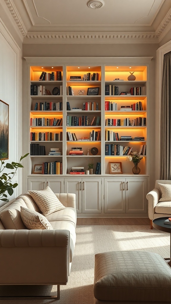 A modern built-in bookshelf with warm lighting, filled with books and decorative items, in a cozy living room.