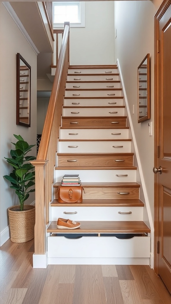A narrow staircase with built-in storage drawers, showcasing a modern design.