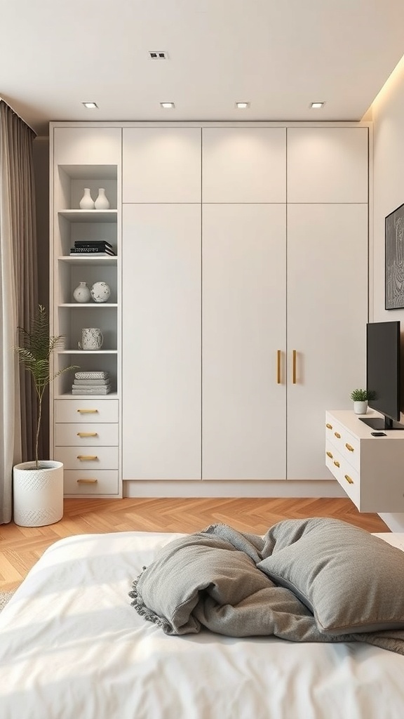 A modern built-in wardrobe in a small bedroom with open shelves and a neutral color scheme.