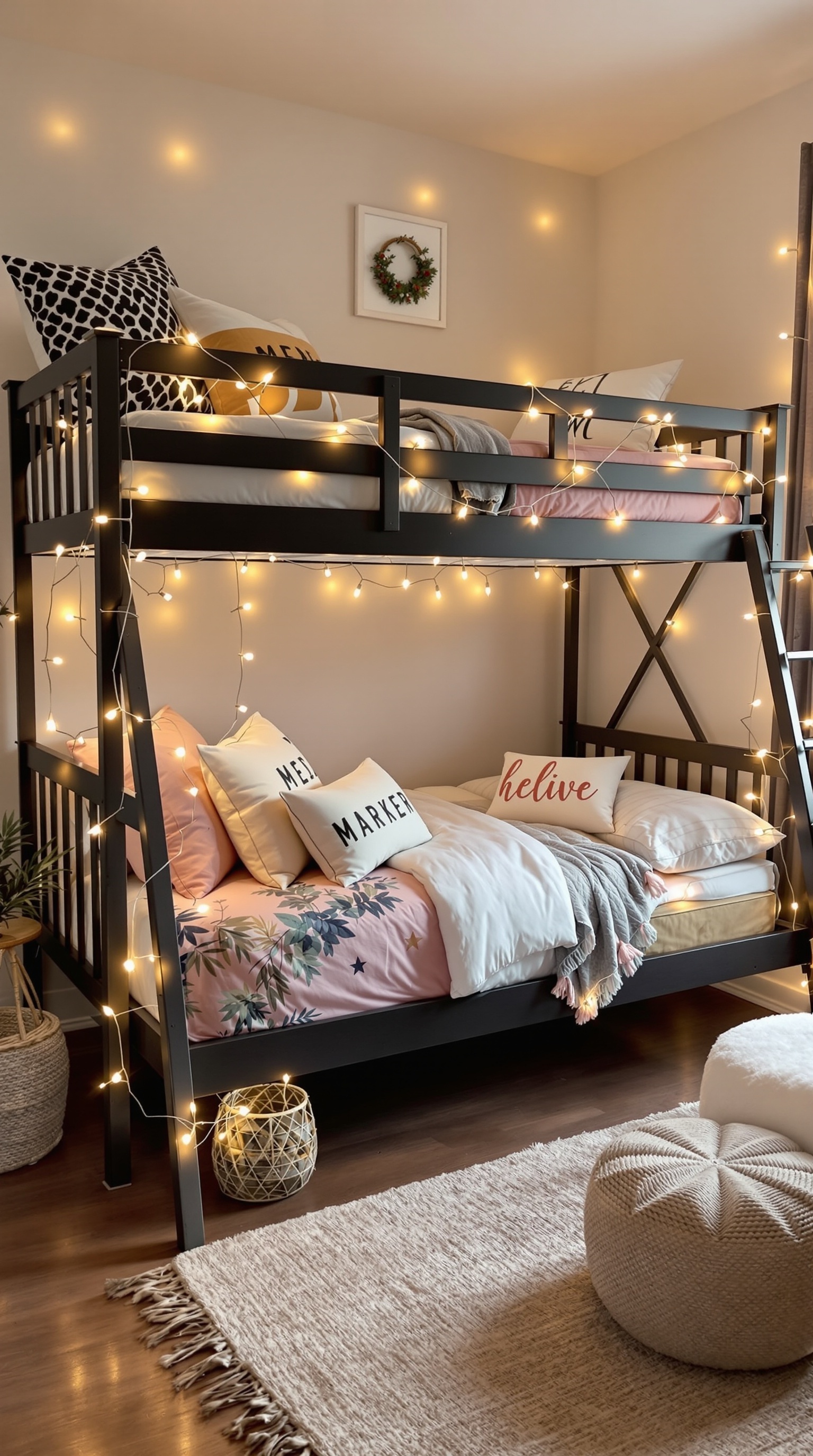 A stylish bunk bed decorated with fairy lights and colorful pillows, creating a cozy atmosphere.