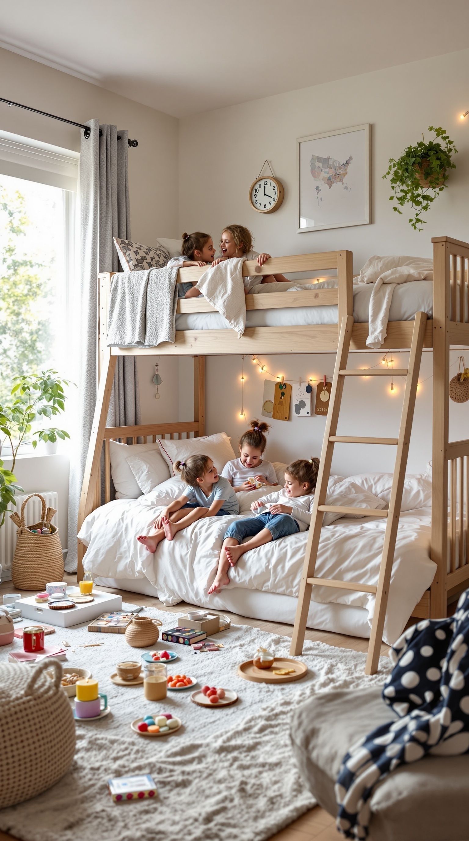 Children playing and enjoying snacks on a bunk bed during a sleepover