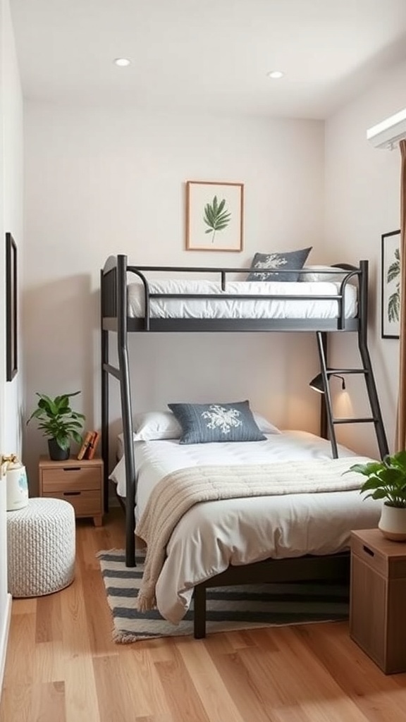A small bedroom featuring a modern bunk bed with a lower bed and an upper sleeping area, decorated with plants and artwork.