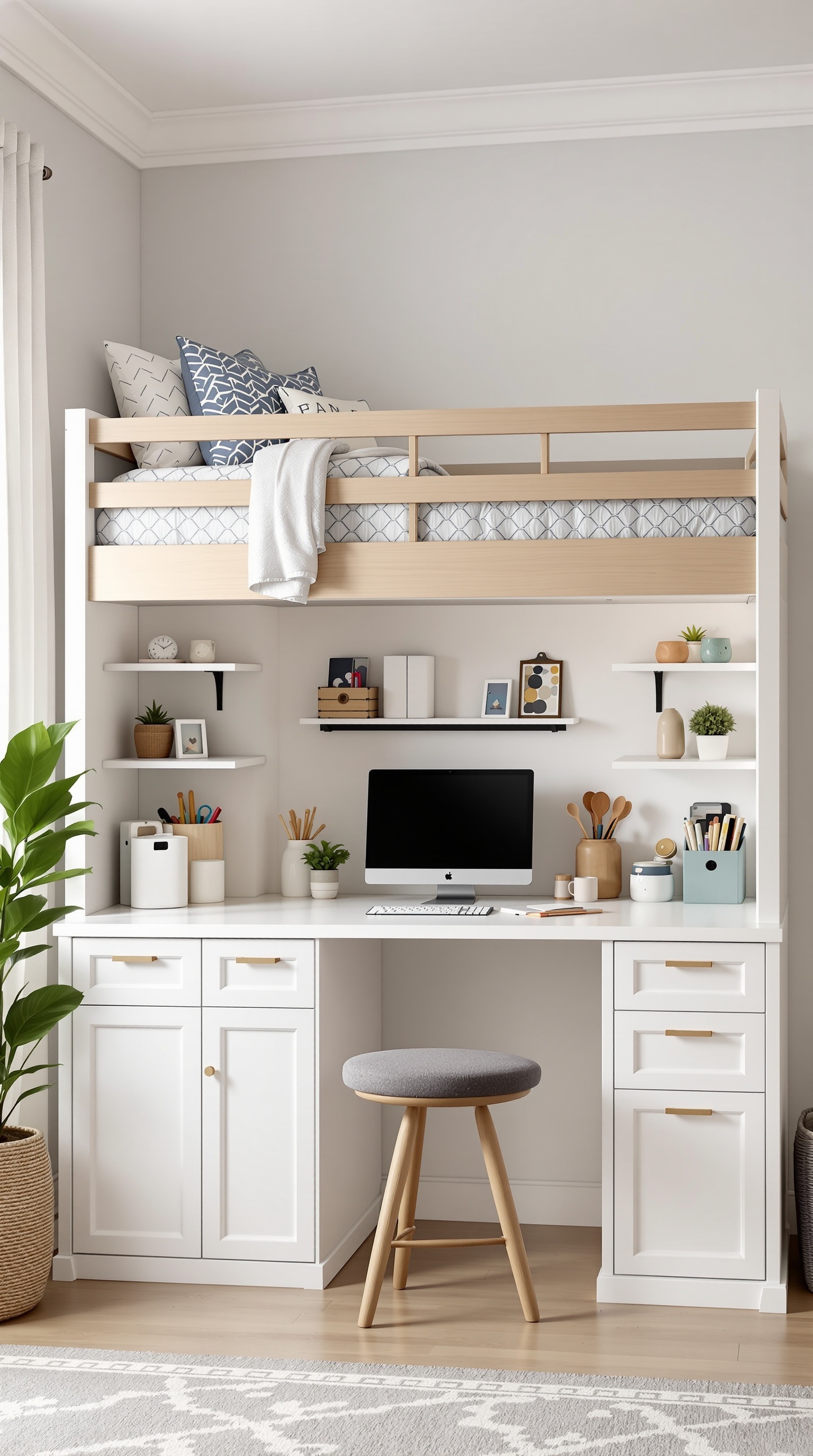 A stylish bunk bed with a desk underneath, featuring a computer, stationery, and decorative items.