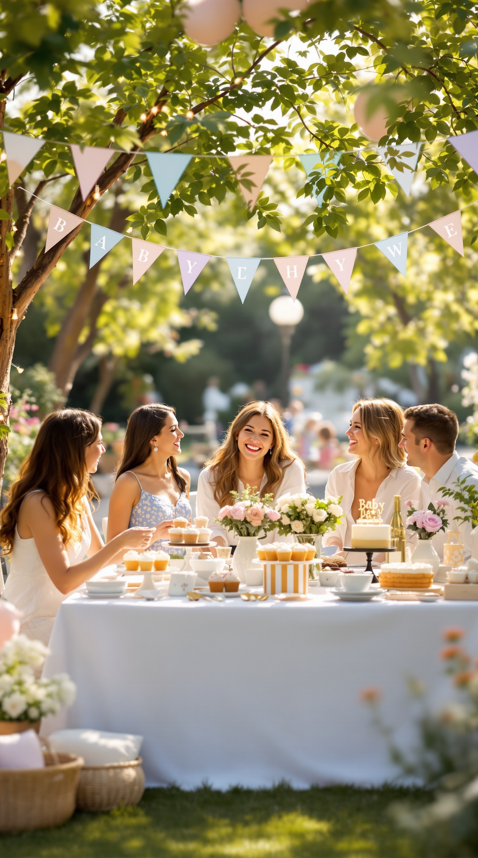 A joyful outdoor baby shower scene with bunting and string lights, featuring a table filled with treats and happy guests.