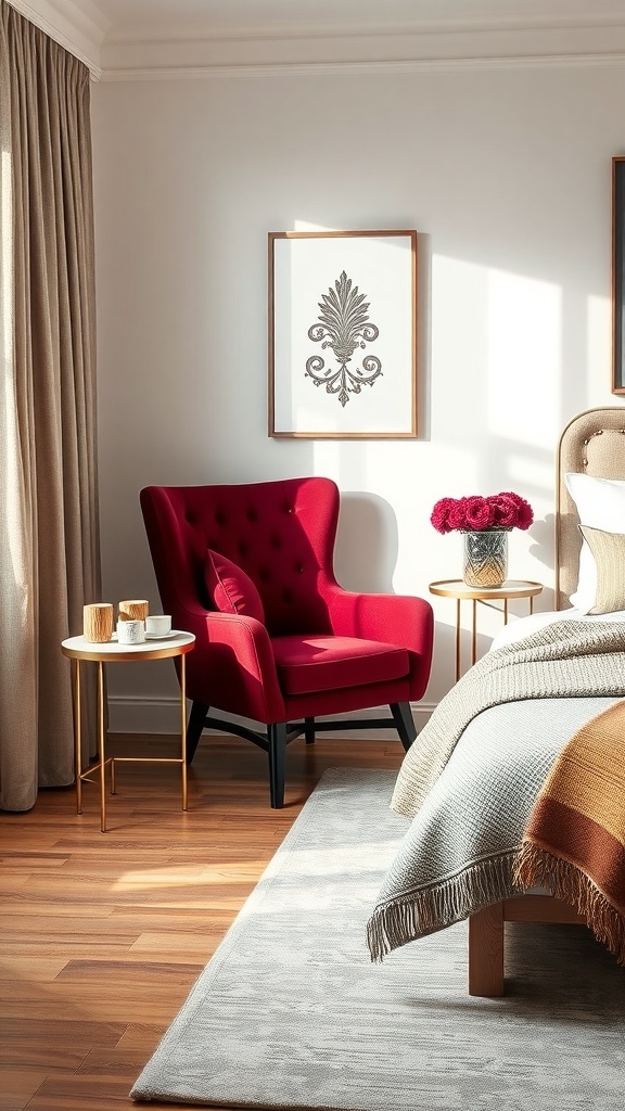 A cozy bedroom featuring a burgundy armchair, gold side tables, and neutral bedding.