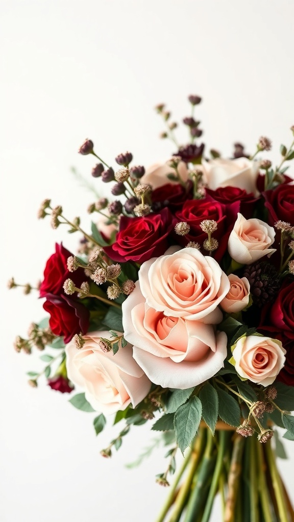 A beautiful winter wedding bouquet featuring burgundy and blush roses with greenery.