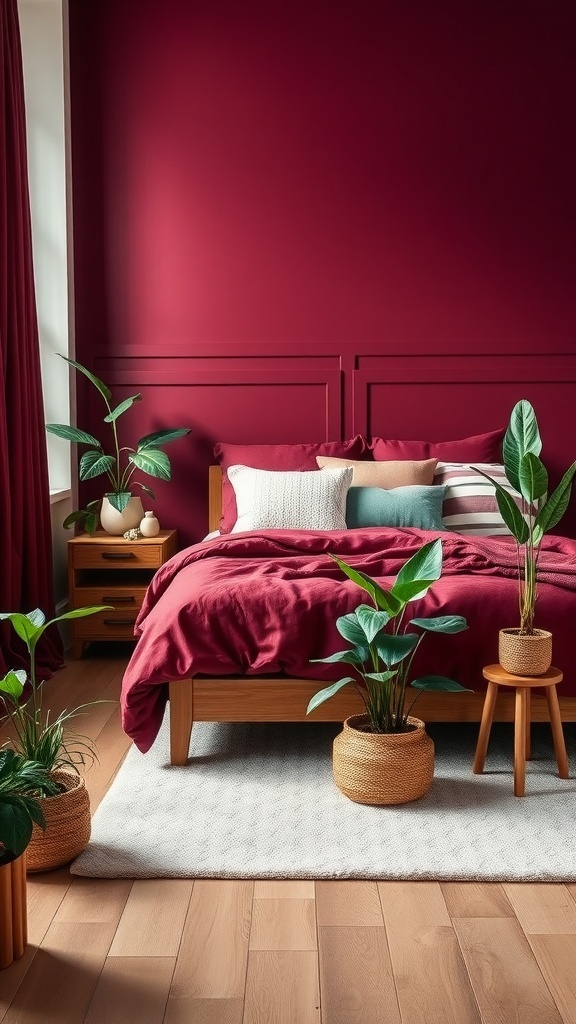 A cozy bedroom featuring burgundy walls, a wooden bed, and various indoor plants.