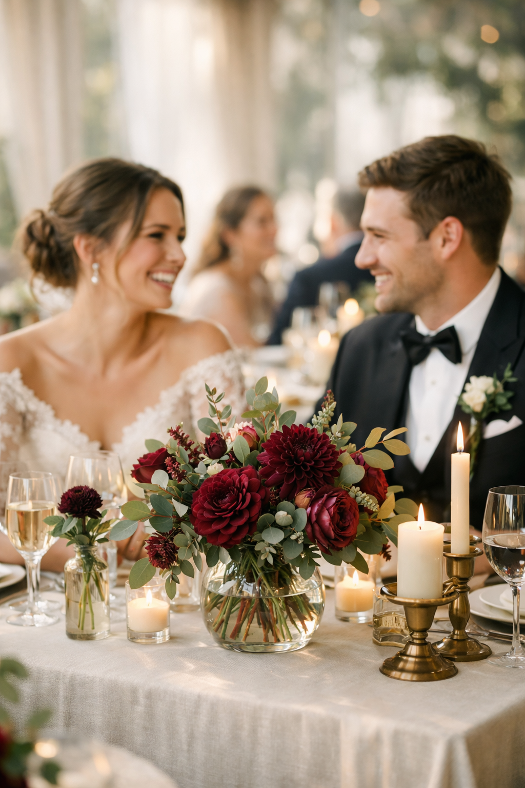 Elegant wedding table centerpiece featuring burgundy flowers and greenery.