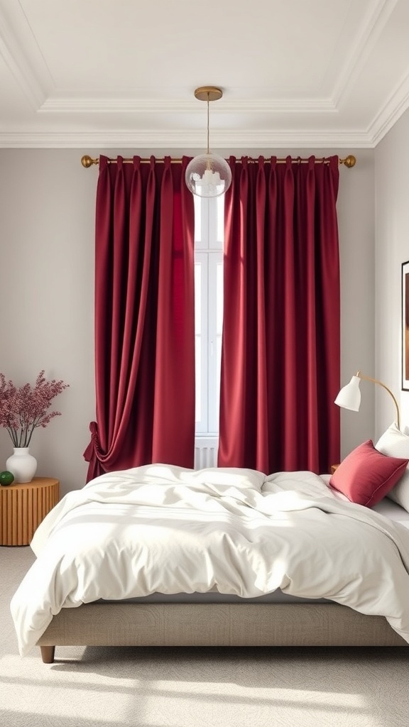 A cozy bedroom featuring burgundy curtains, a white bed with soft bedding, and a stylish lamp.