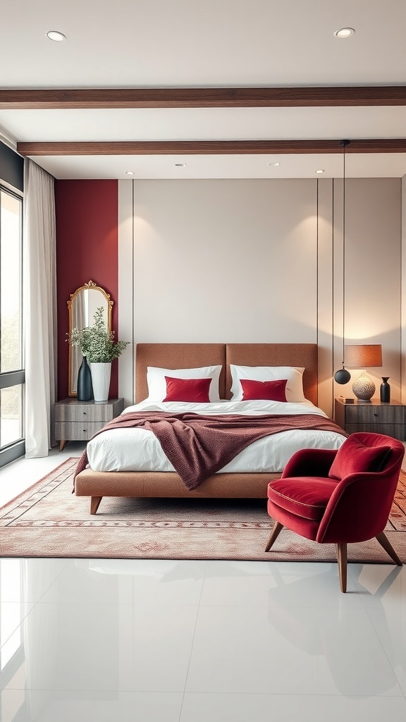 A modern bedroom featuring burgundy accents, including a wall, throw blanket, and chair, with natural light and wooden beams.