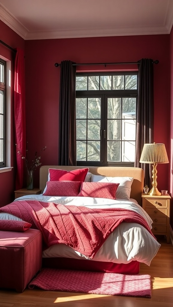 Cozy burgundy bedroom with layered bedding and natural light