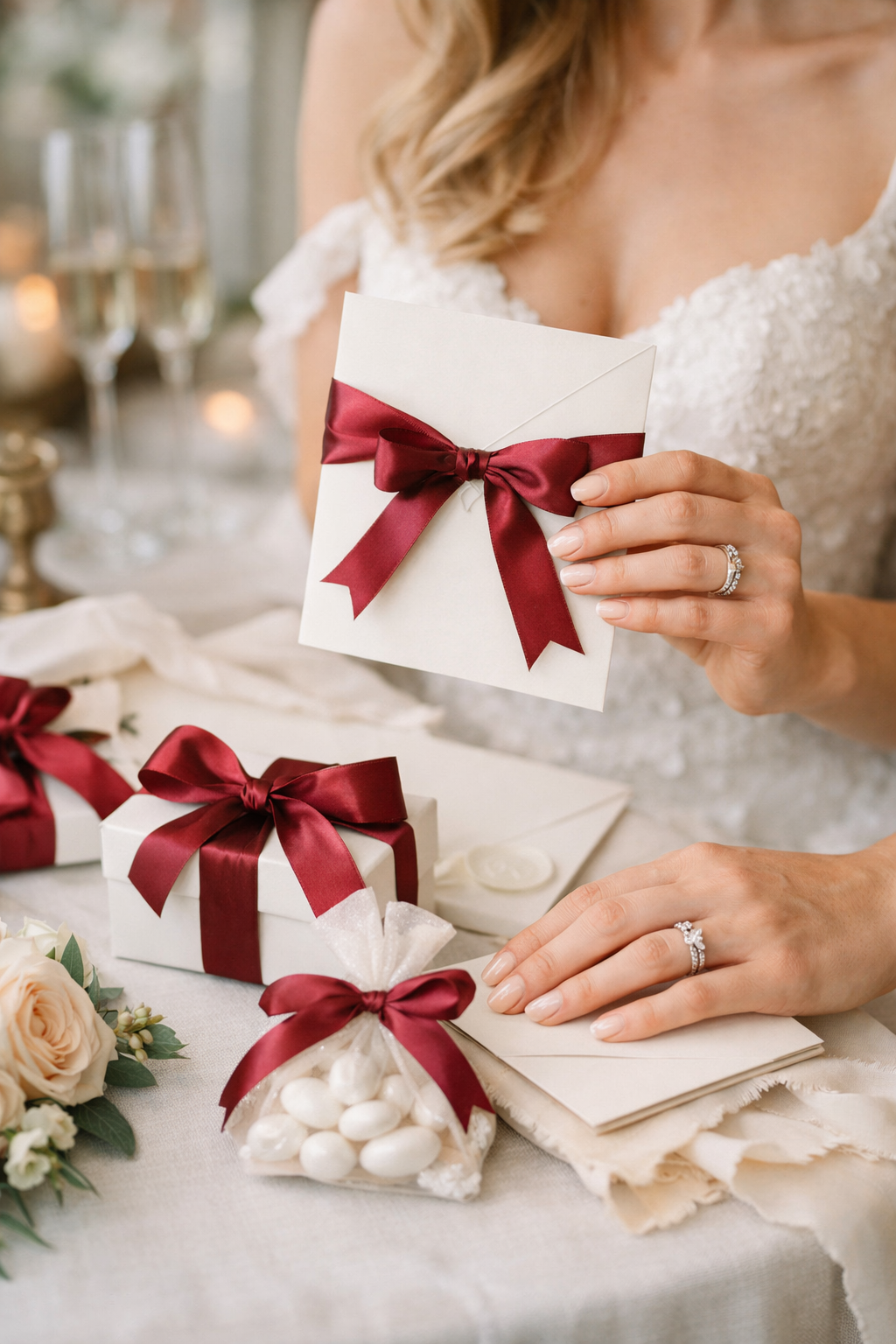 A bride holding a wedding invitation and displaying burgundy ribbon accents on gifts and envelopes.