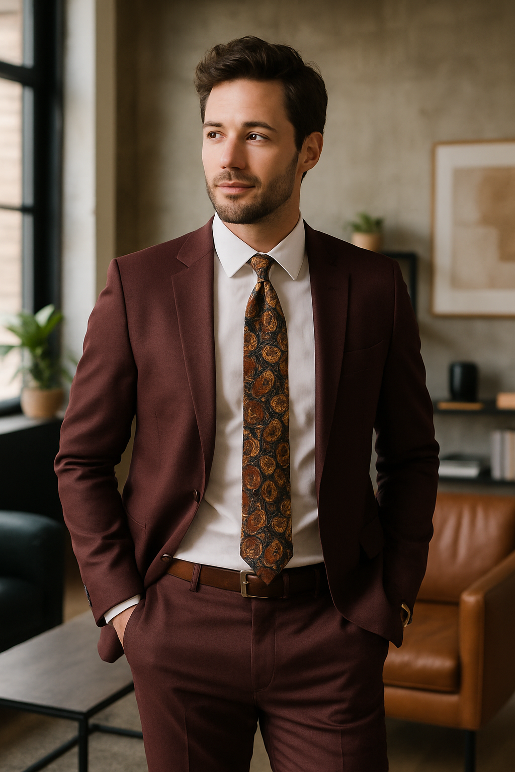 A man wearing a burgundy suit with a patterned tie, standing confidently in a modern setting.